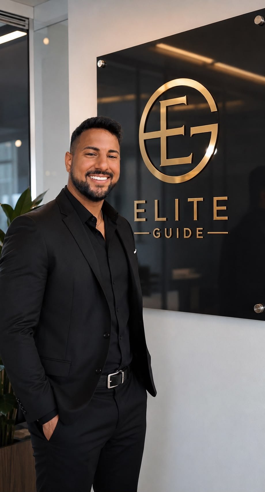 Jean-Marc Ratzlaff, Geschäftsführer der EliteGuide GbR, vor dem Elite-Guide-Logo im Büro in Osnabrück